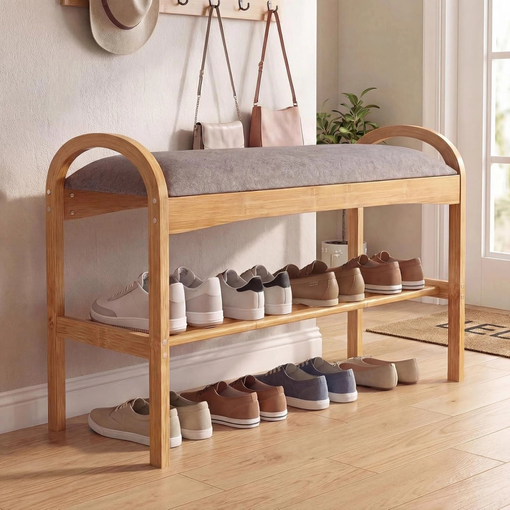 Panca Scarpiera da Ingresso, Panca Imbottita Porta Scarpe in Legno Bambù 2 Livelli, per Corridoio, Camera da Letto e Soggiorno, Carico 150 kg, 70 x 30 x 51 cm