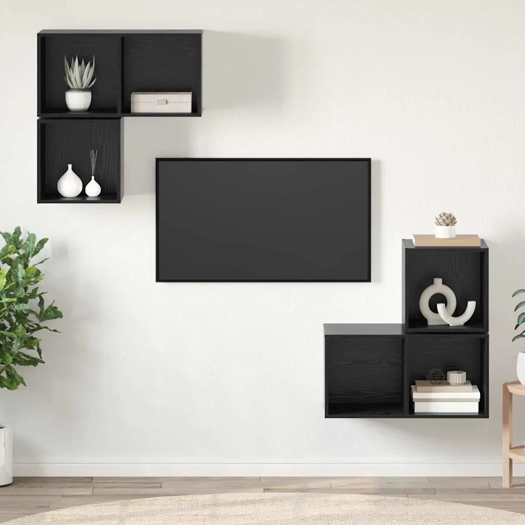 Set mobile TV 4 pz-Set di 4 Credenza per TV Rovere Nero Legno multistrato 358666