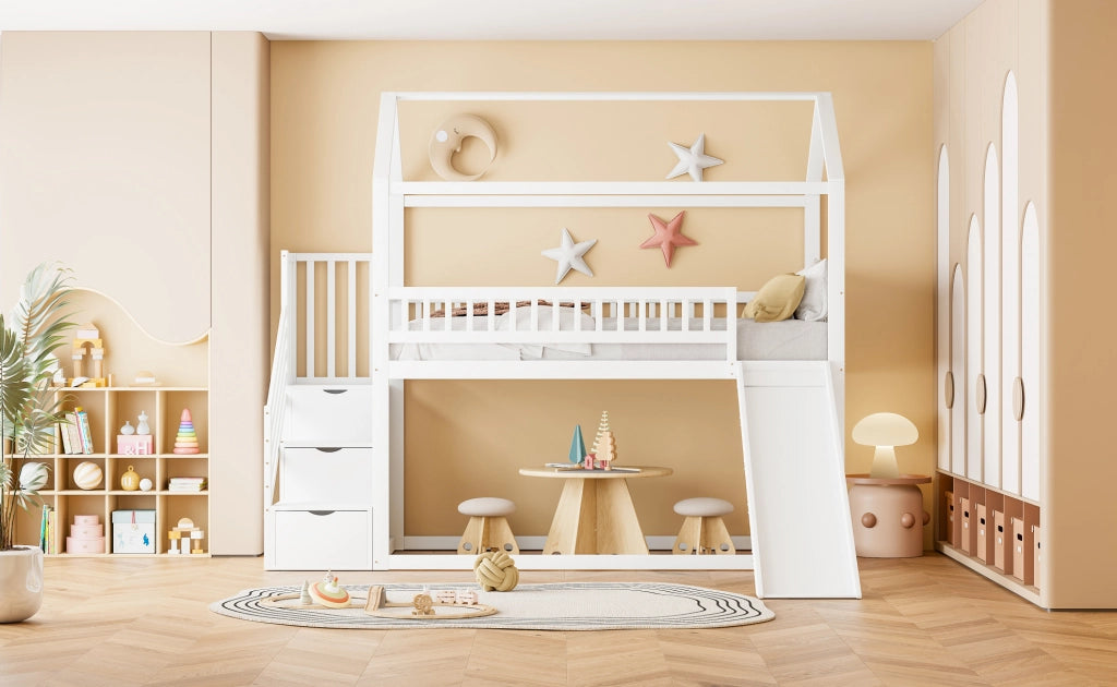 Letto a soppalco 90x200 cm con scivolo e scala contenitore in legno; metallo; compensato e MDF bianco