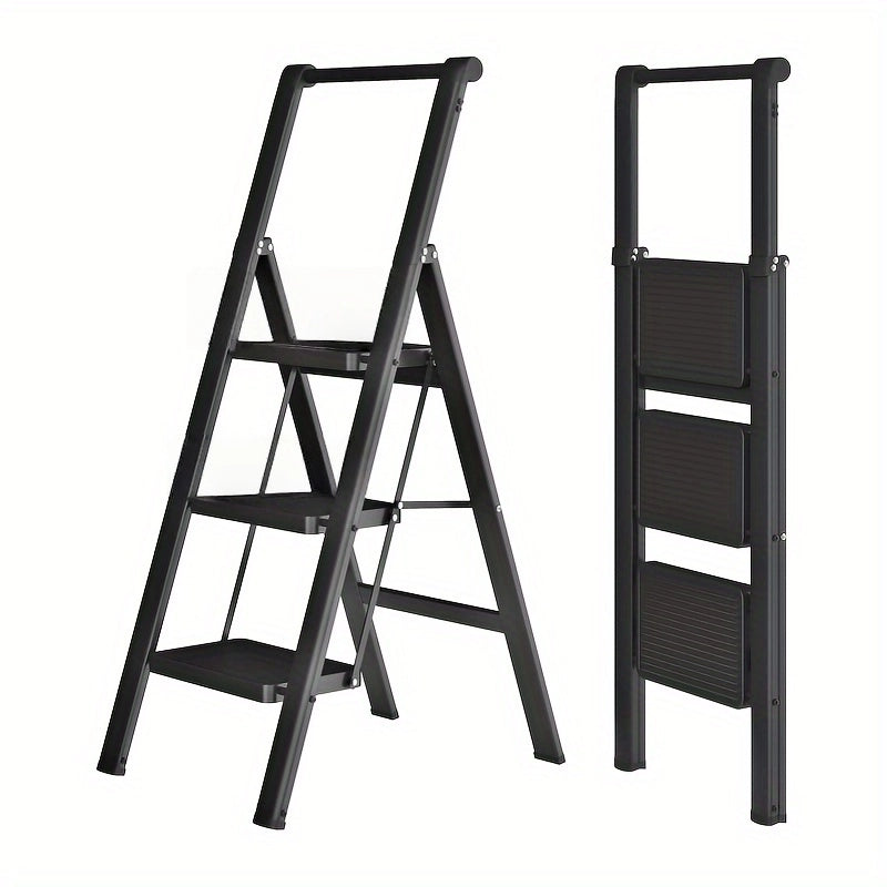 Scala pieghevole a 3 gradini con corrimano, antiscivolo, portatile e robusta per casa e ufficio, nera