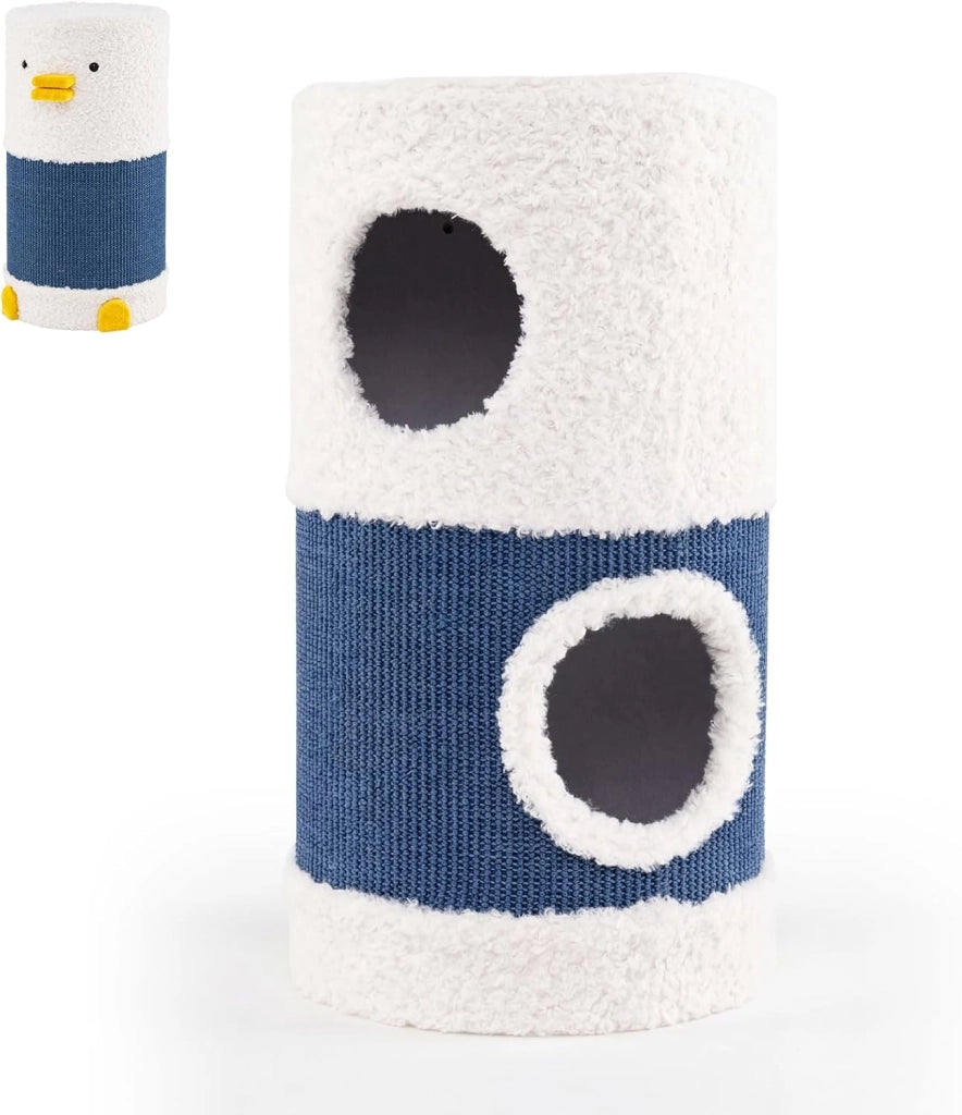 Casa per Gatti da Interno, Cuccia per Catti a 2 Piani con Tappetino in Sisal per Graffiare, Grotta Nascosta, Letto Coperto, Casetta Moderna per Più Gatti, Mobile a Forma di Barile con Anatra