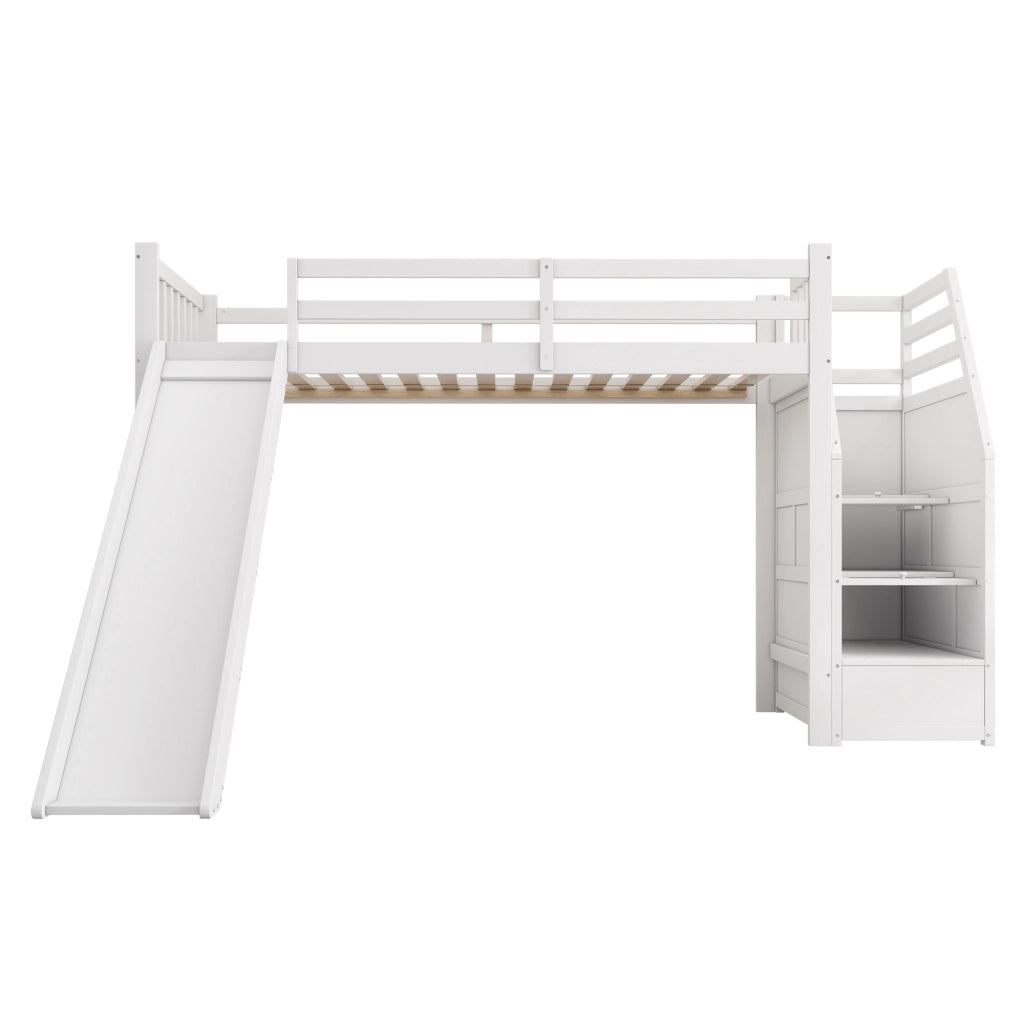 Letto a soppalco singolo 90×200 cm per bambini con scivolo; scala con ripiani; senza materasso; bianco