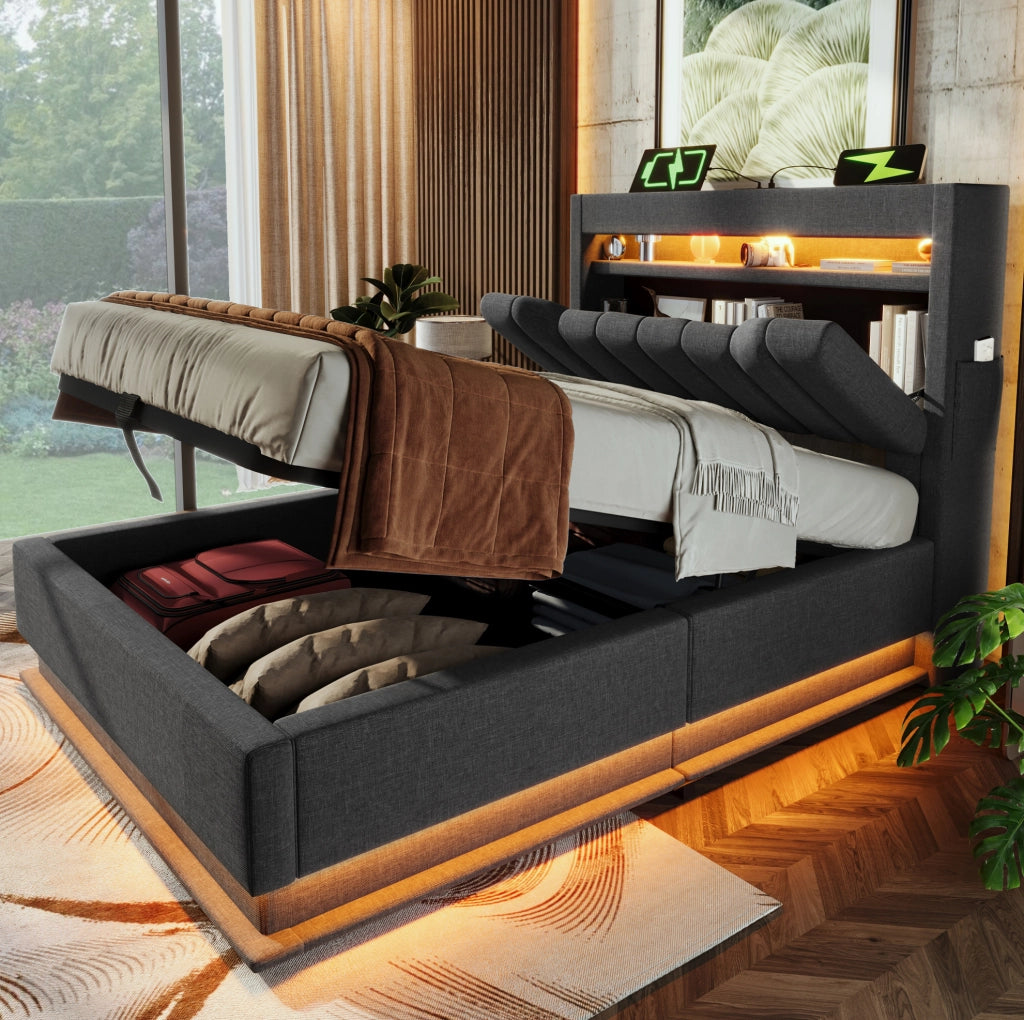 Letto singolo 90x200 cm con LED, ricarica USB-C e vano contenitore, grigio