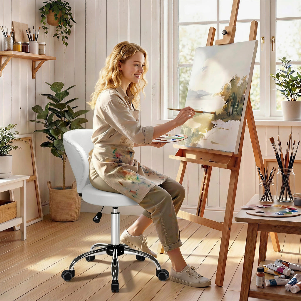 Sgabello con rotelle e schienale regolabile ¨C zephmum ¨C PU 73-88 cm bianco