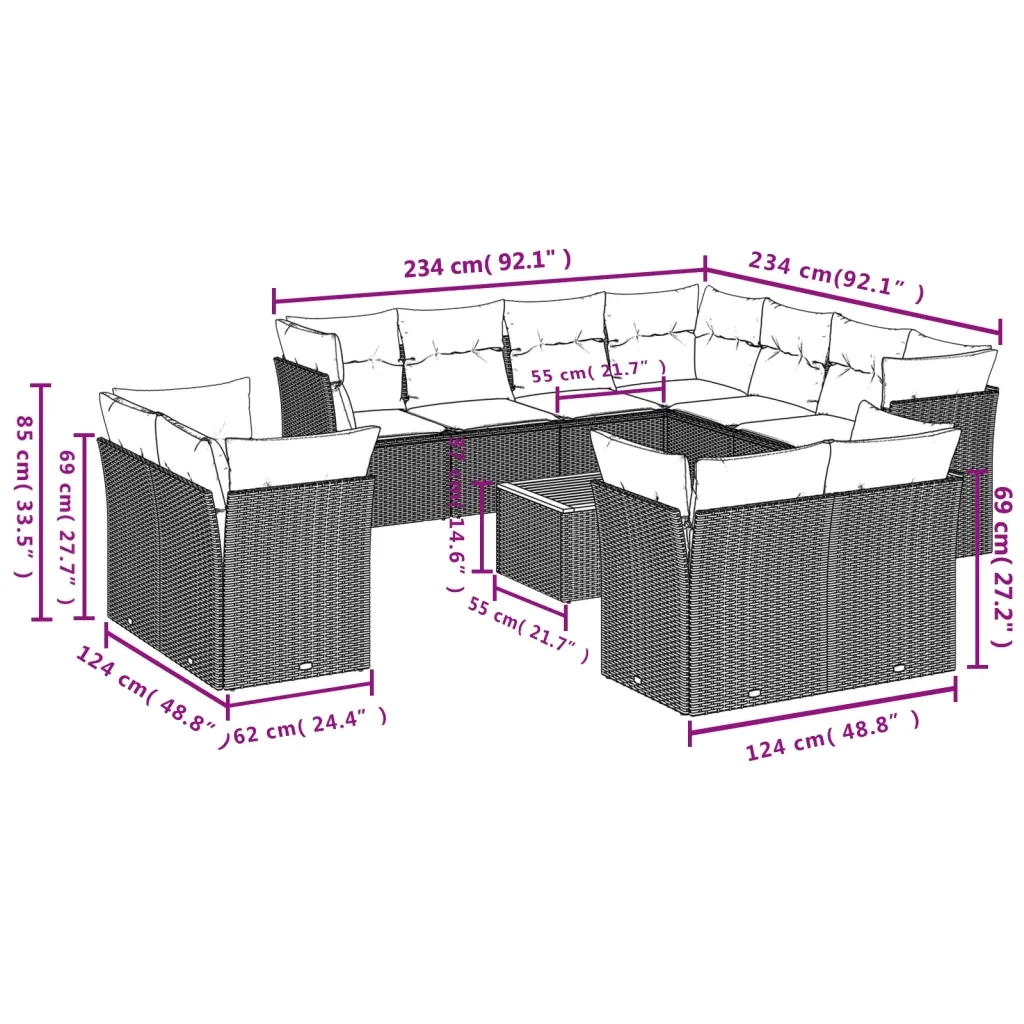 Set Divani da Giardino 12 pz con Cuscini Nero in Polyrattan 3223942