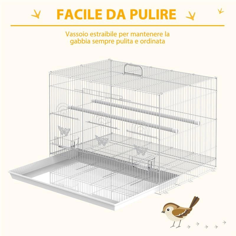 GABBIA PER UCCELLI IN METALLO CON POSATOI, CIOTOLE PER CIBO E MANIGLIA, 60X41X41CM - BIANCO