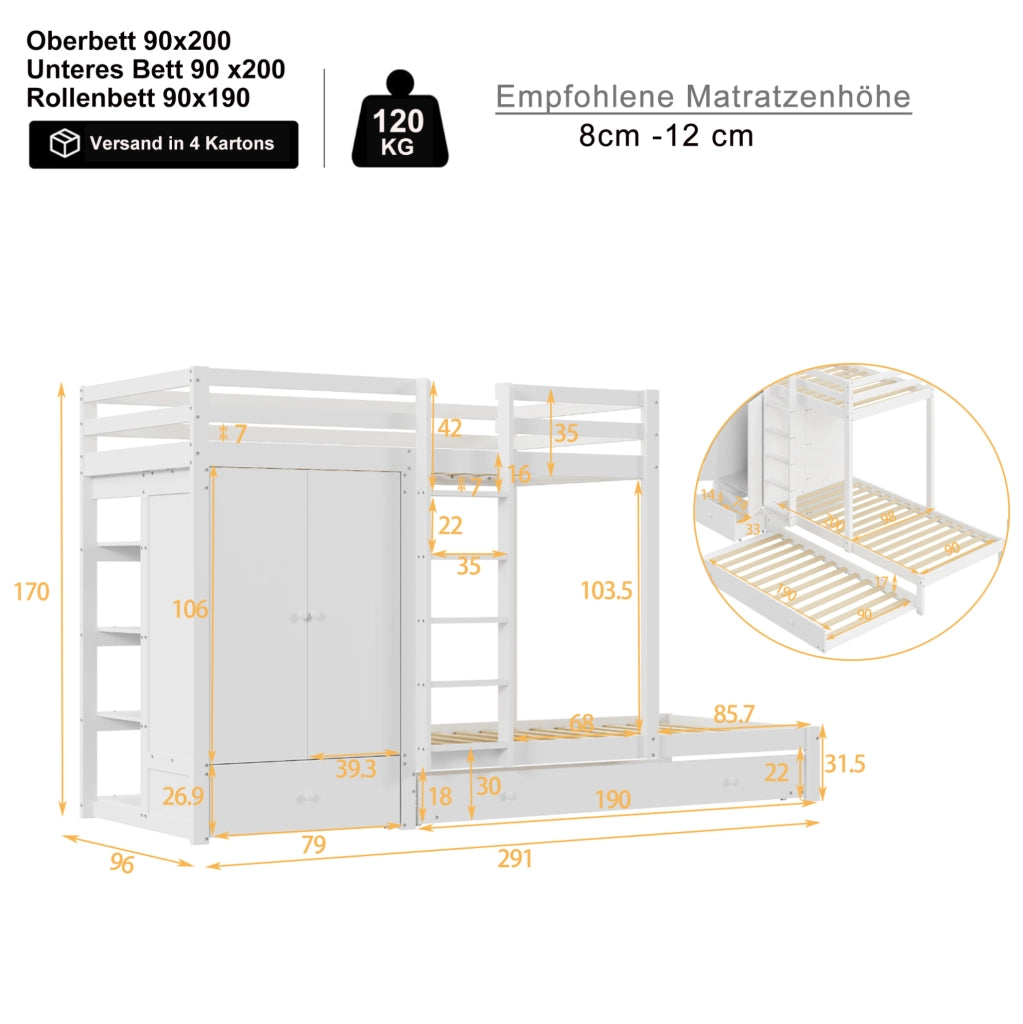 Letto a castello 90x200 estraibile con armadio e cassetti bianco