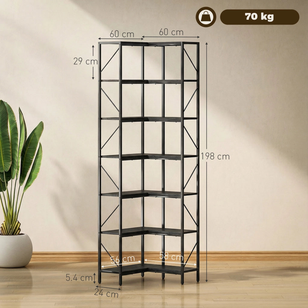 Libreria Angolare Scaffale Industriale 7 Ripiani ¨C zephmum ¨C Effetto Legno Nero