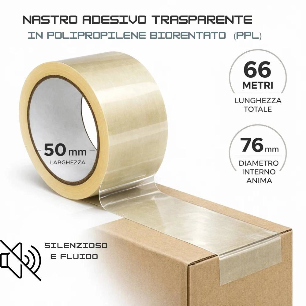 Nastro adesivo silenzioso trasparente 50mm x 66mt per imballaggio