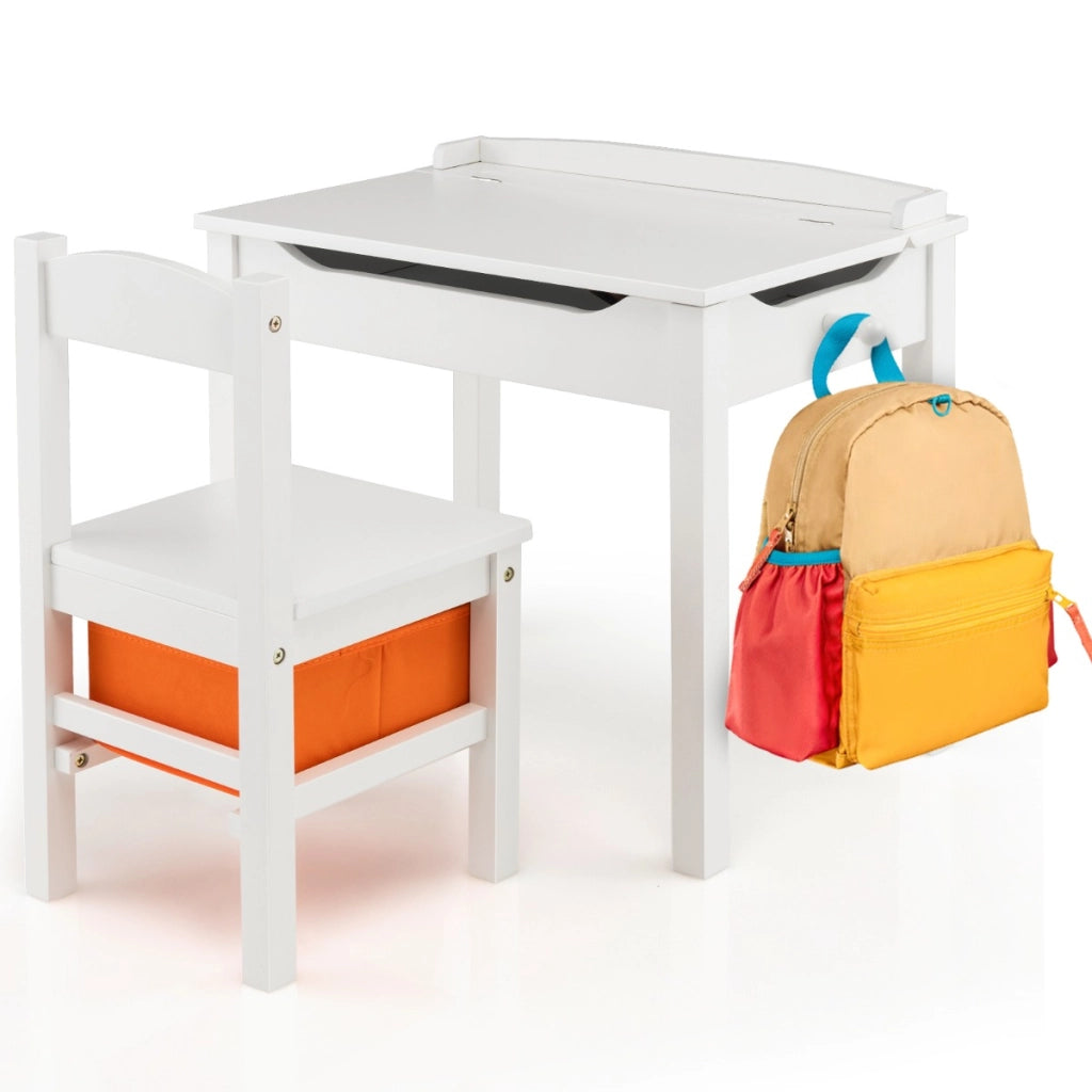 Set tavolo e sedia per bambini in legno massello, Scrivania ribaltabile con sedia per stanza giochi asilo Bianco-Tavoli e sedie