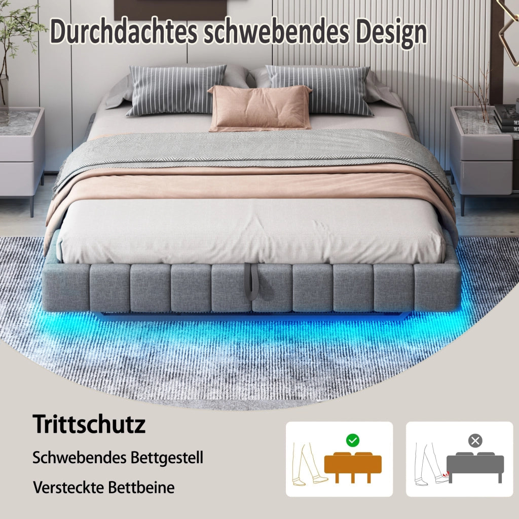 Letto Contenitore Matrimoniale 160x200 cm; LED e e Struttura in Metallo Grigio