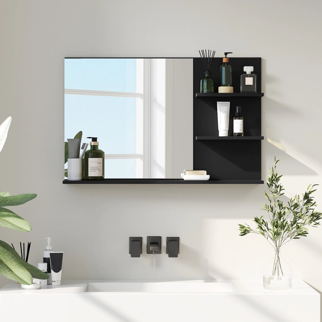 Specchio Bagno con Ripiani Laterali e Inferiore ¨C zephmum ¨C Legno Vetro Nero 75x10x48 cm