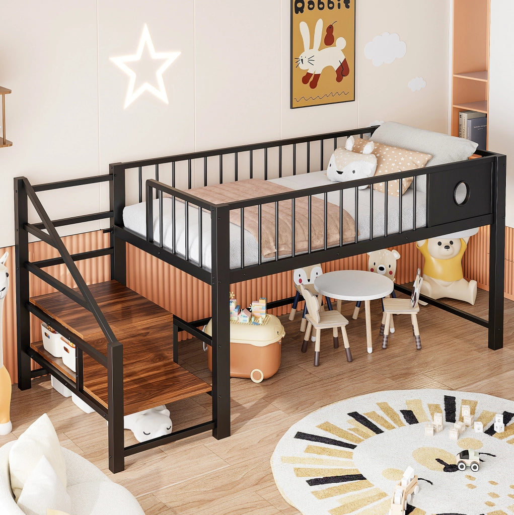 Letto a soppalco basso 90 x 200 cm in metallo con scaletta contenitore; nero