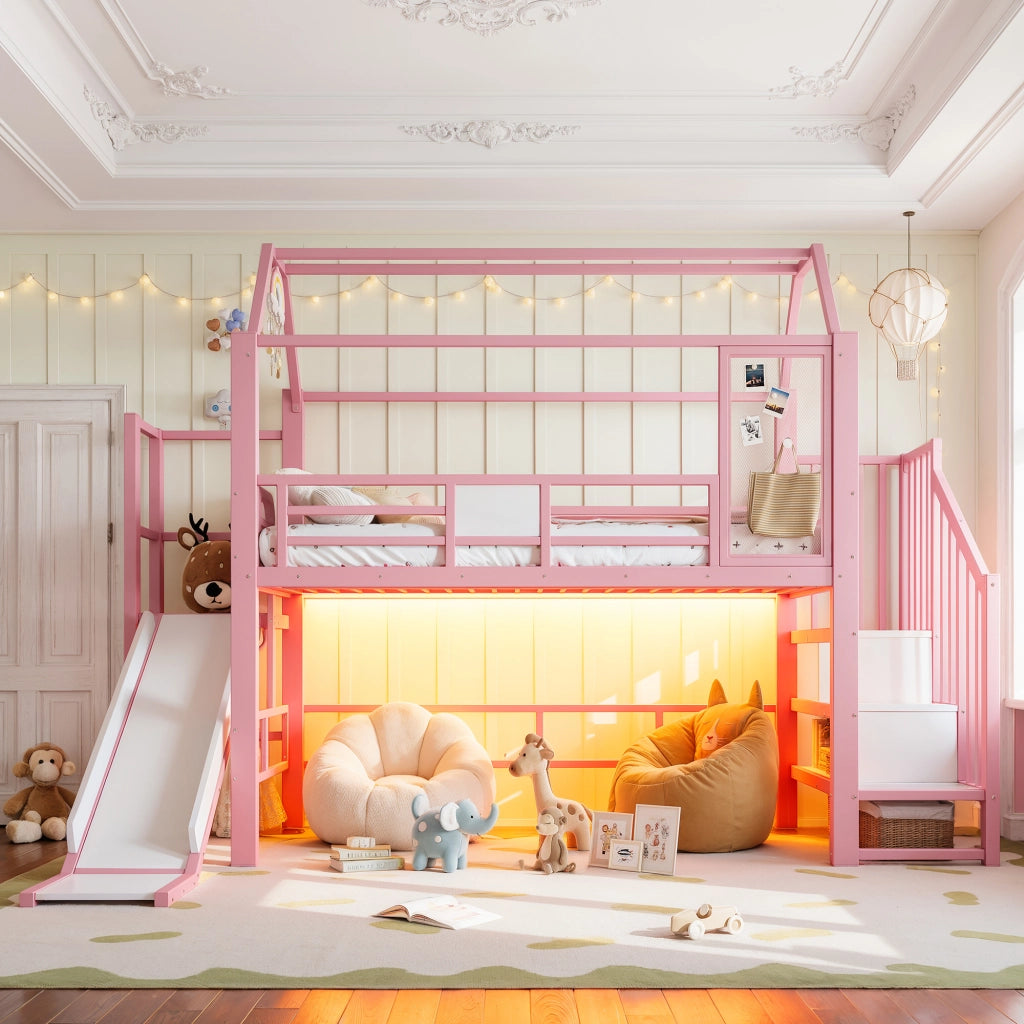 Letto a soppalco per bambini rosa a casetta con scivolo; LED Bluetooth; 90 x 200 cm