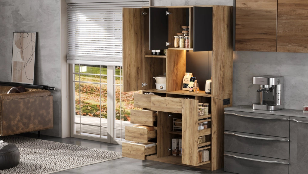 Buffet con LED e ripiani regolabili, 185x105x40 cm, con presa integrata e porta cavi laterale