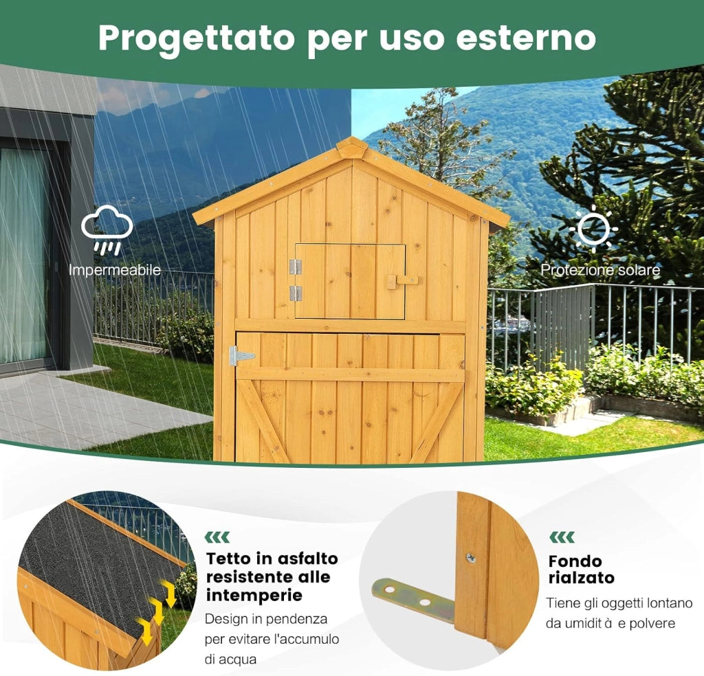 Armadio da Esterno in Legno, Capanno da Giardino con Serratura, Tavolo Pieghevole, Tetto Impermeabile, Ganci, Ripiani Rimovibili e 4 Staffe Metalliche, per Patio, Giardino e Cortile (Legno)