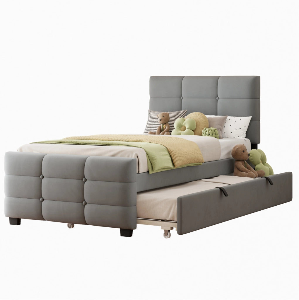 Letto imbottito singolo 90x190 cm con letto estraibile; in velluto grigio