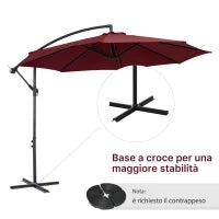 Ombrellone da Esterni 3x2.5 m Decentrato Rosso Scuro, in Poliestere Anti-UV e Acciaio con Manovella