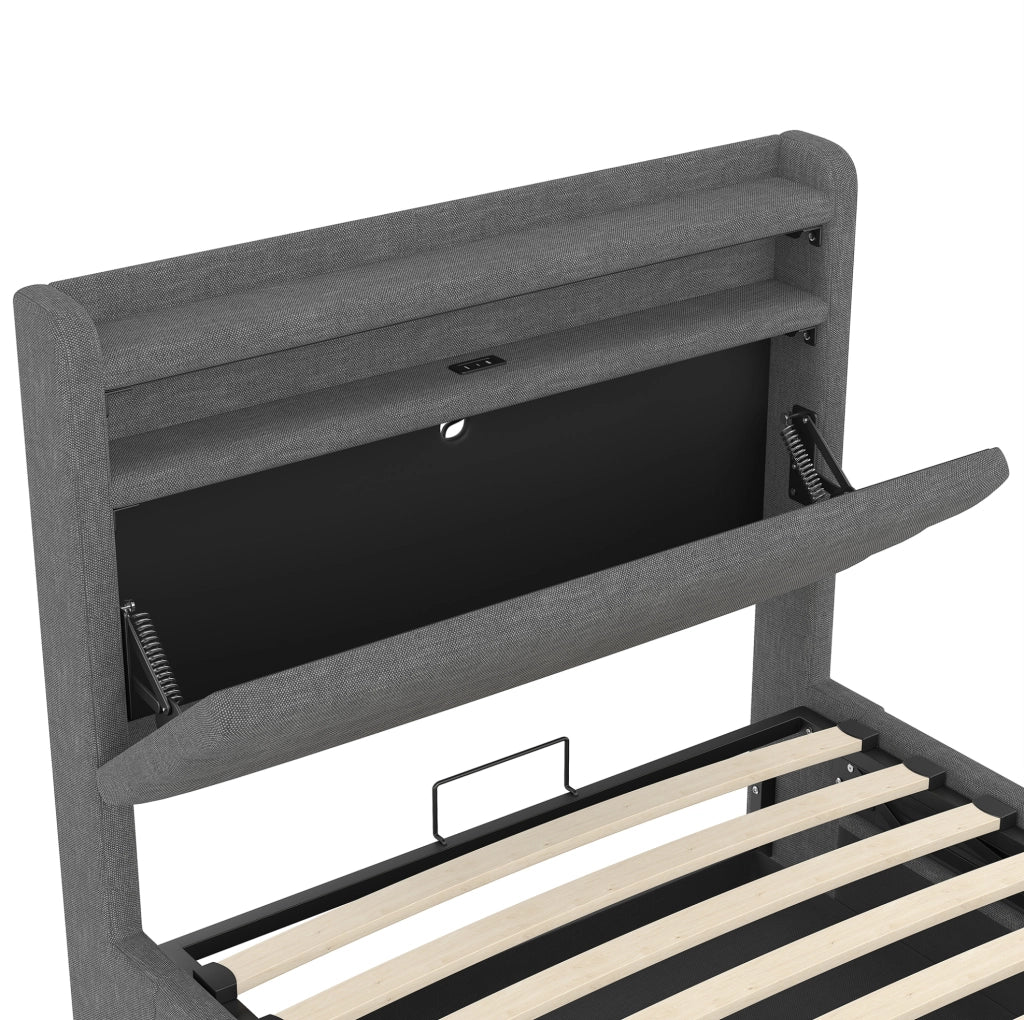 Letto imbottito con contenitore idraulico e LED 90x200 cm; lino grigio con USB e Type-C