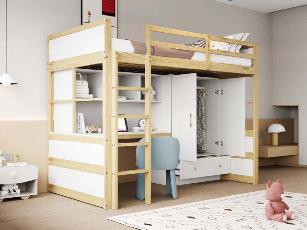 Letto a castello naturale in legno con scala scrivania armadio e cassetti 90x200 cm