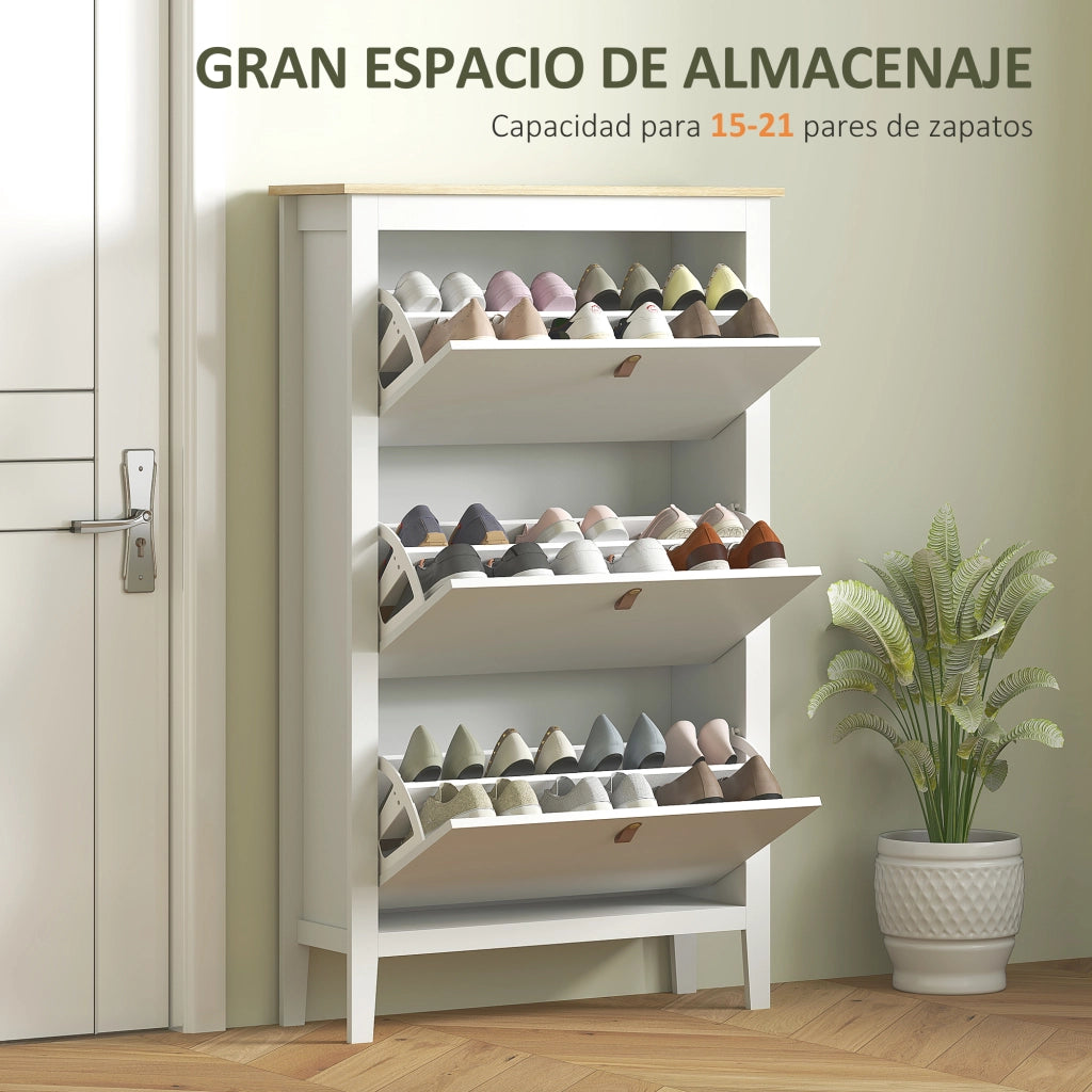 Scarpiera Stretto con 3 Scomparti e Maniglie Pelle PU per Corridoio e Ingresso 80x24x131 cm Bianco e Legno ¨C Minimal ¨C 80x24x131