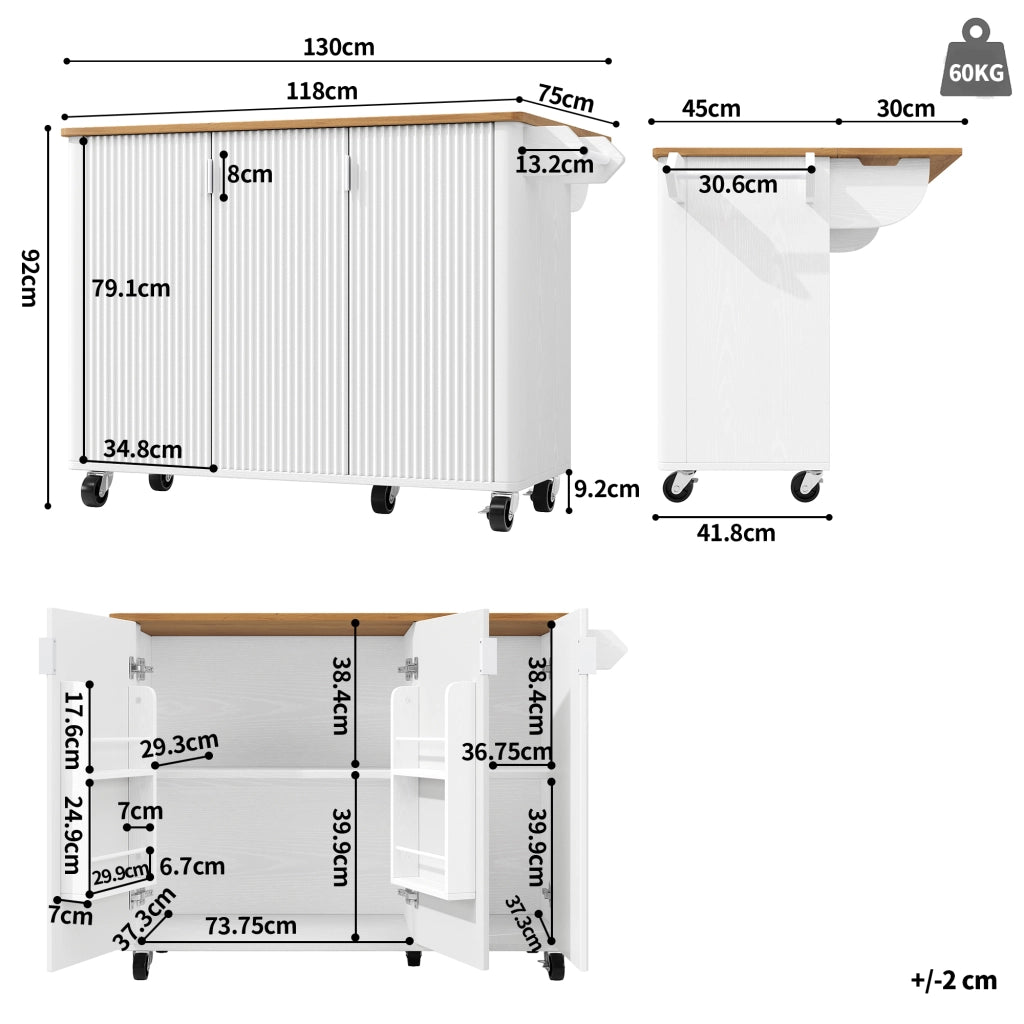 OKWISH Isola da Cucina con 3 Ante, Ripiani Regolabili, Piano Ribaltabile, Ruote e Portasciugamani, 130x45x92 cm