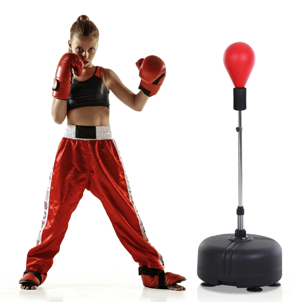 Punching Ball ad Altezza Regolabile con Guanti Boxe. in Acciaio. Finta Pelle e PE. ?48x136-154 cm. Nero e Rosso