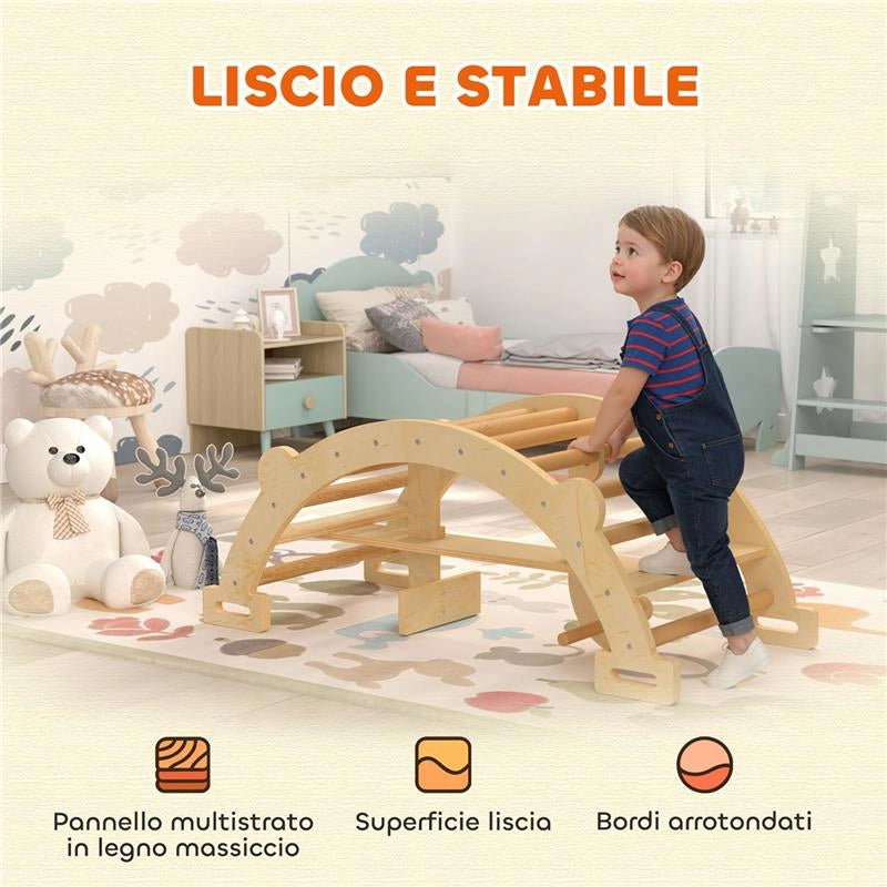 ARCO MONTESSORI IN LEGNO PER BAMBINI 2-4 ANNI CONVERTIBILE IN DONDOLO 110X52X45 CM, COLOR LEGNO