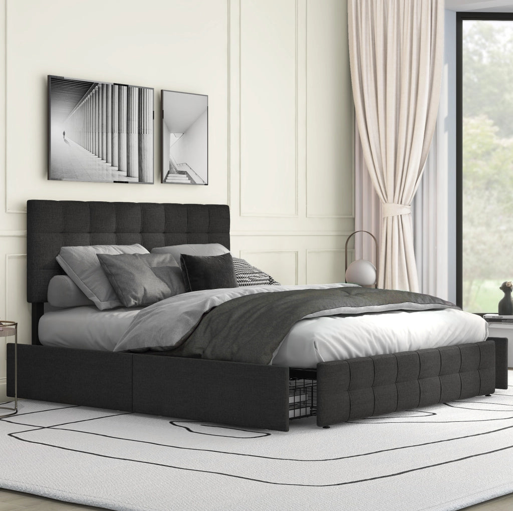 Letto imbottito matrimoniale 140x200 cm con 4 cassetti; testiera regolabile; nero