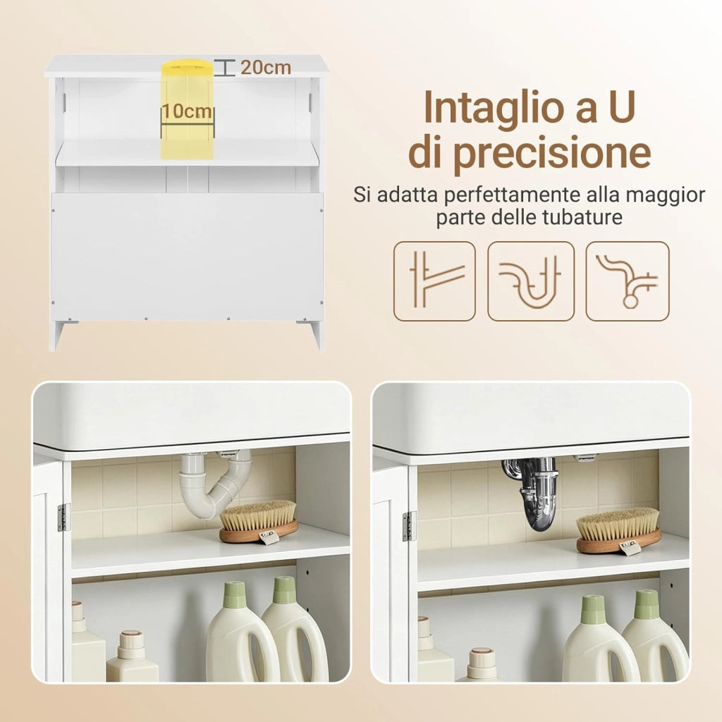 Mobile Bagno Sottolavabo – Mobiletto Bagno Salvaspazio con Ante e Ripiano Regolabile – Mobile sotto Lavabo da Bagno in MDF, Bianco, 60x60x29cm, BZR18-W