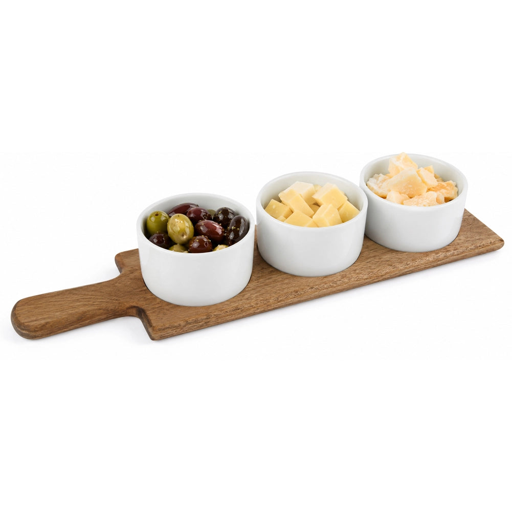 Vassoio Aperitivo da Portataa 36,5x10 cm in Legno Ciotole Ciotoline in Ceramica Bianco