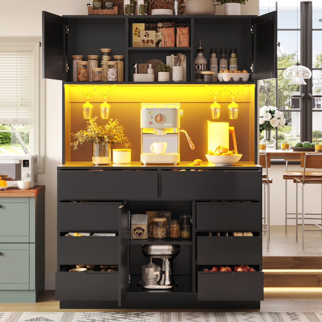 OKWISH Credenza Alta da Cucina con 8 Cassetti, Ripiani Regolabili e LED con USB, per Cucina, MDF, 120 x 40 x 183.5 cm
