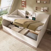 DESMIU Divano letto 140 × 190 cm 2 posti con 2 ripiani, USB, Type-C, senza materasso, in legno, bianco
