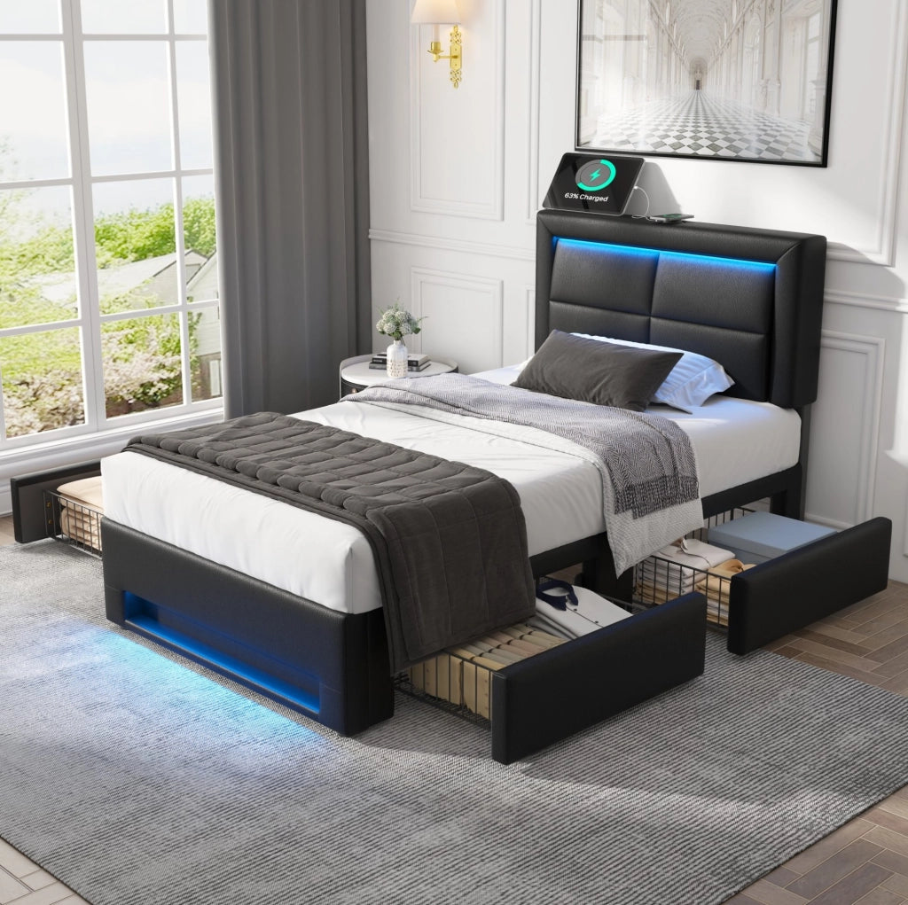 Letto imbottito 90x190 cm con USB; LED e 4 cassetti; PU nero