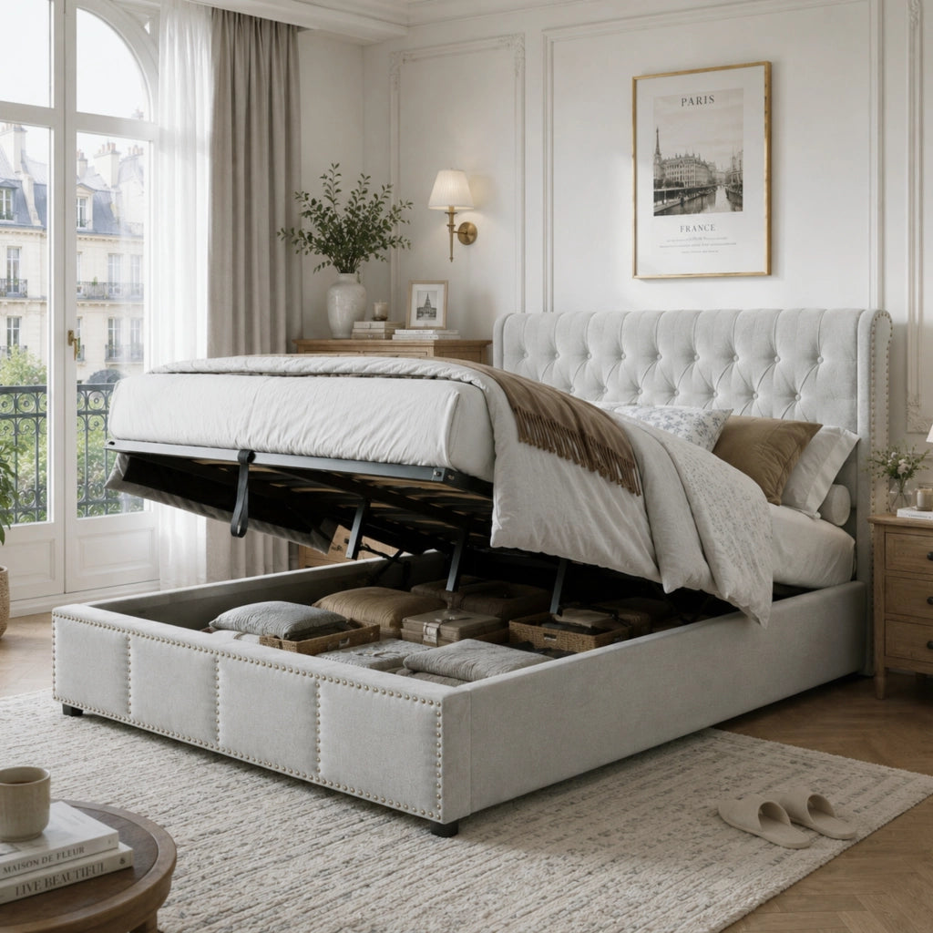 Letto imbottito in lino 180x200 cm con contenitore, stile minimalista europeo, grigio, senza materasso