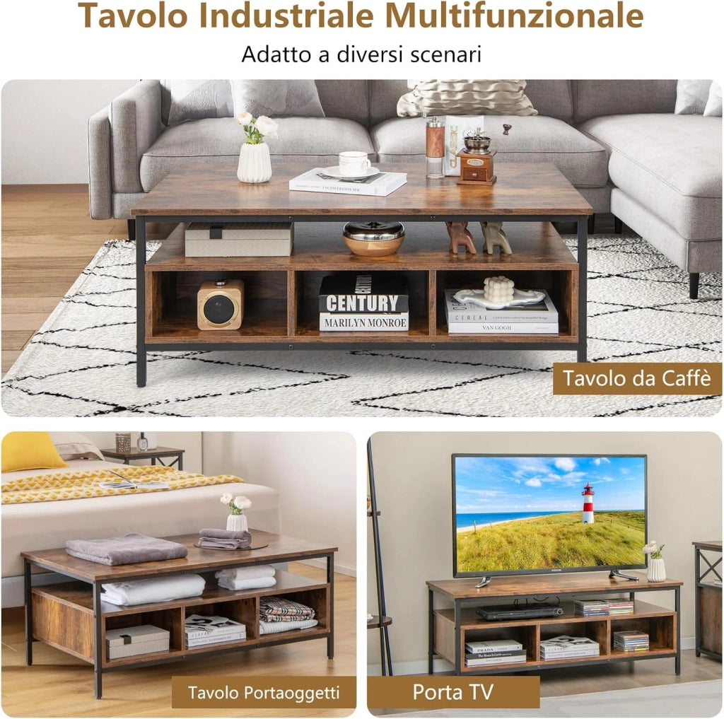 Tavolino da Caffè da Salotto, Tavolino Basso con Mensola Aperta e Telaio in Metallo Resistente, Tavolo Rettangolare in Legno per Soggiorno, Studio e Camera da Letto