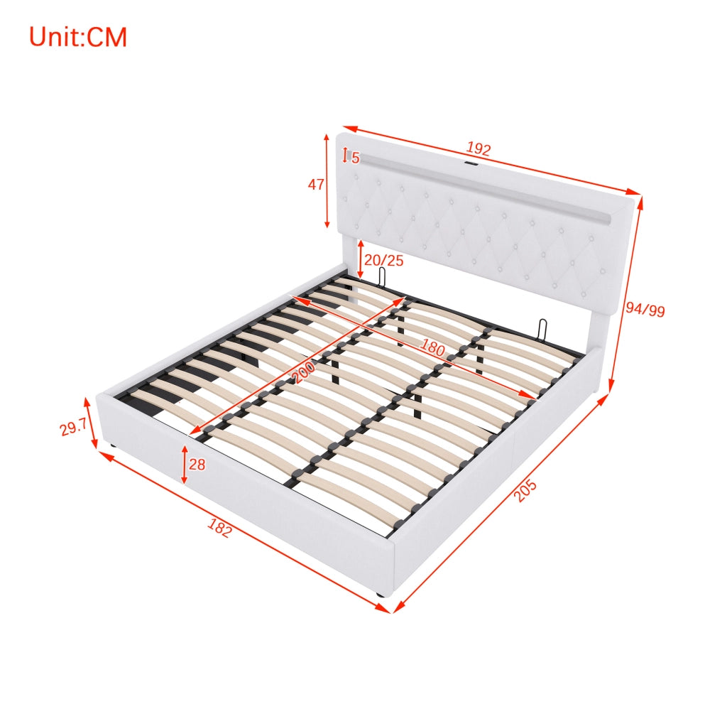 Letto imbottito 180x200 cm con sollevamento idraulico; LED USB; lino e MDF; bianco