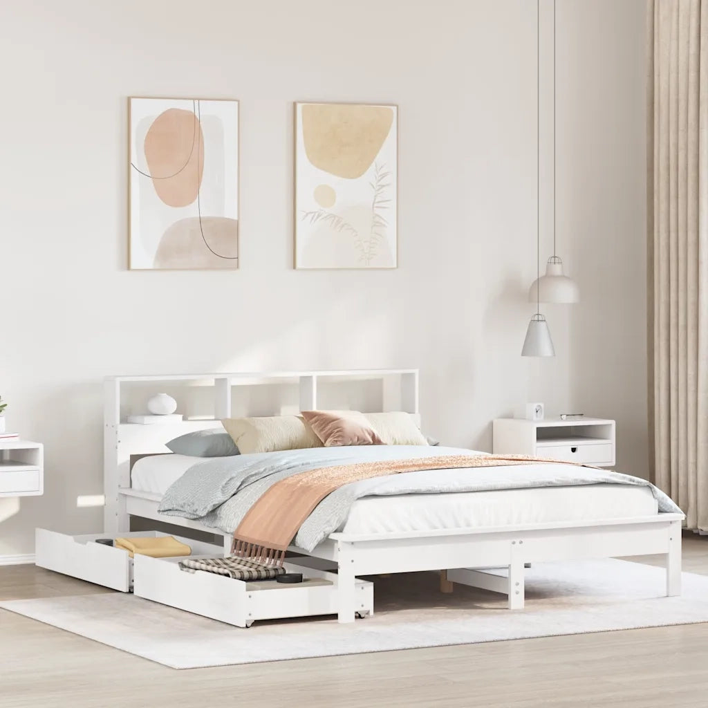 Letto Libreria senza Materasso-Struttura Letto con contenitore Bianco 140x190 cm Legno di Pino 251982