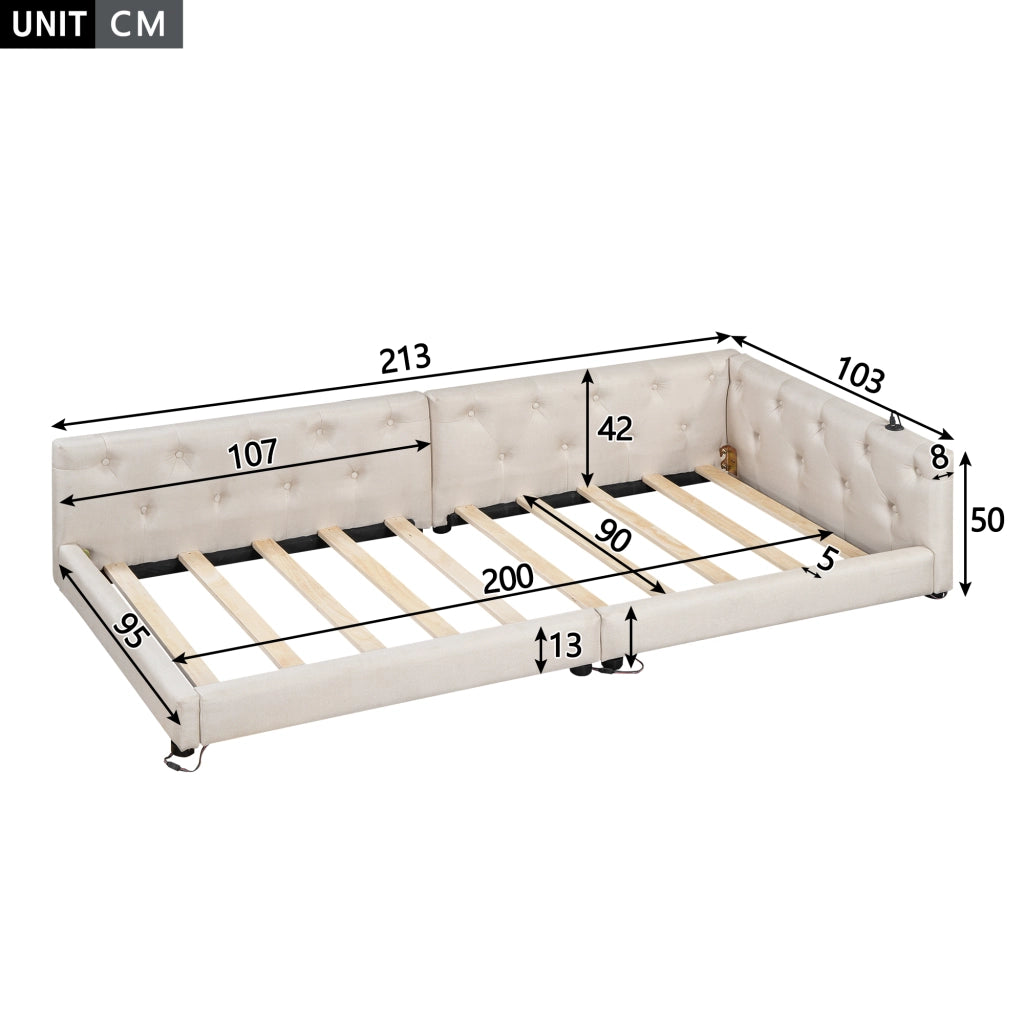 Letto daybed 90x200 cm in lino beige con rete a doghe, LED RGB, USB e Type-C, senza materasso