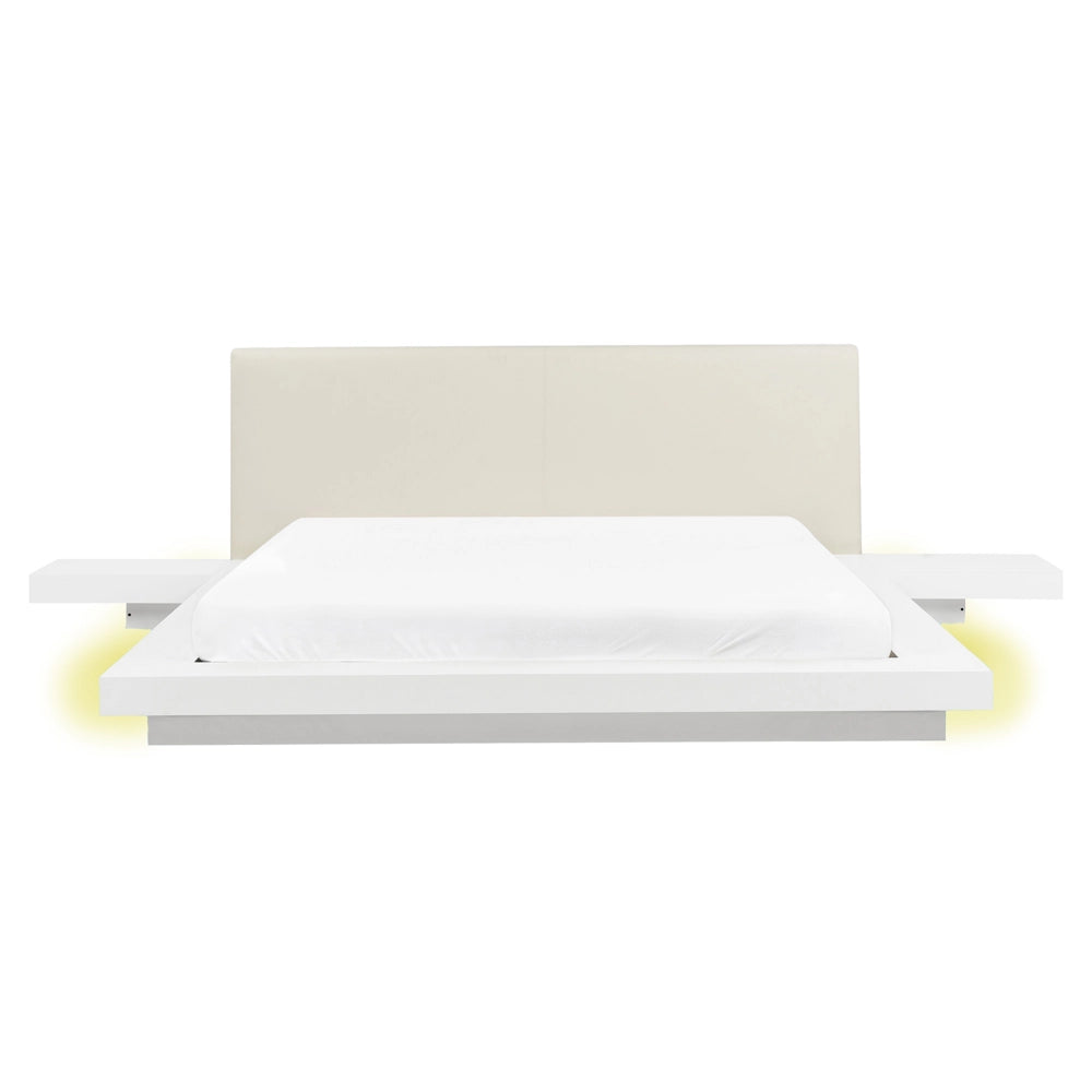 Letto matrimoniale basso giapponese con LED e  comodini testata in ecopelle bianca 160 x 200 cm camera da letto