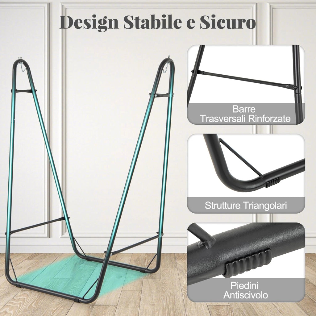 Sedia Sospesa con Supporto in Metallo, con Tasca Laterale | Poltrona a Dondolo Sospesa, Ganci e Piedini Antiscovolo, Sedia Amaca con Telaio per Interno ed Esterno, Portata 120 kg