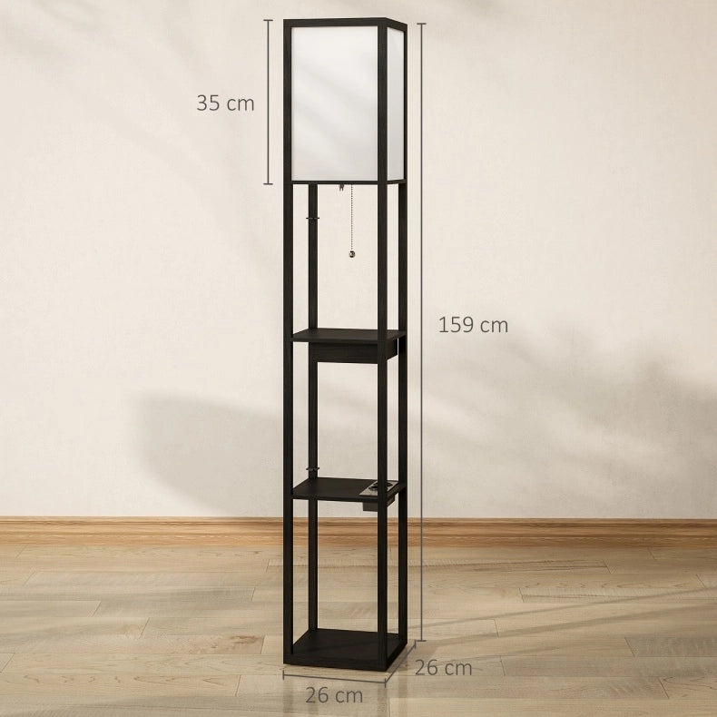 Lampada da terra ULEVR 26x26x159 cm con 3 ripiani, cassetto, USB-A, USB-C e presa, nero
