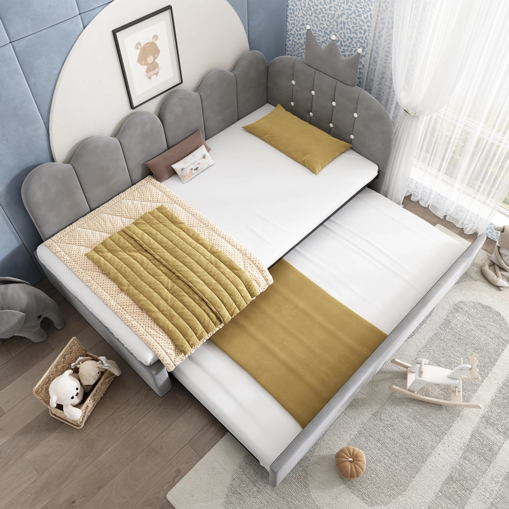 Letto divano estraibile 90 × 200 cm e 90 × 190 cm con vano letto, senza materasso, in velluto grigio