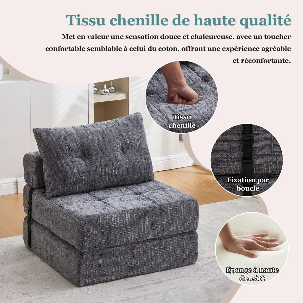 Divano Letto Pieghevole con Schienale e Cuscini per Testa e Zona Lombare; in Ciniglia; Grigio