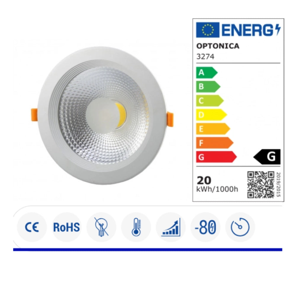 Optonica faretto da incasso led 20 watt 4500 k cob tuv pass 145° 1600 lumen