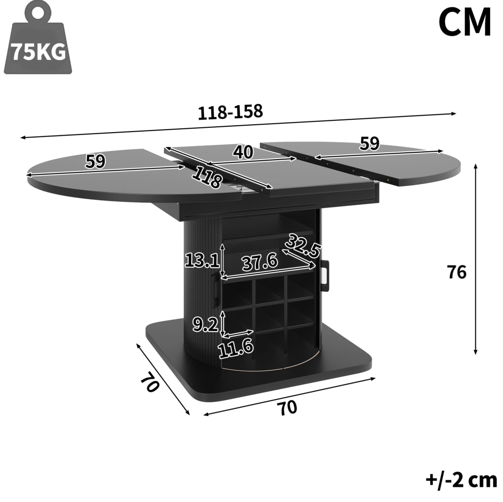 Tavolo allungabile 118x118x76 cm con ampio vano contenitore; MDF e metallo; nero