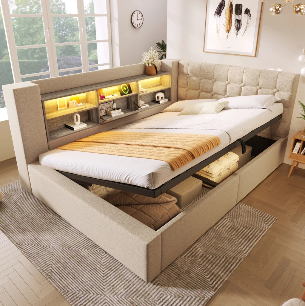 Letto imbottito 140x190 cm con LED, contenitore idraulico e testiera L reversibile