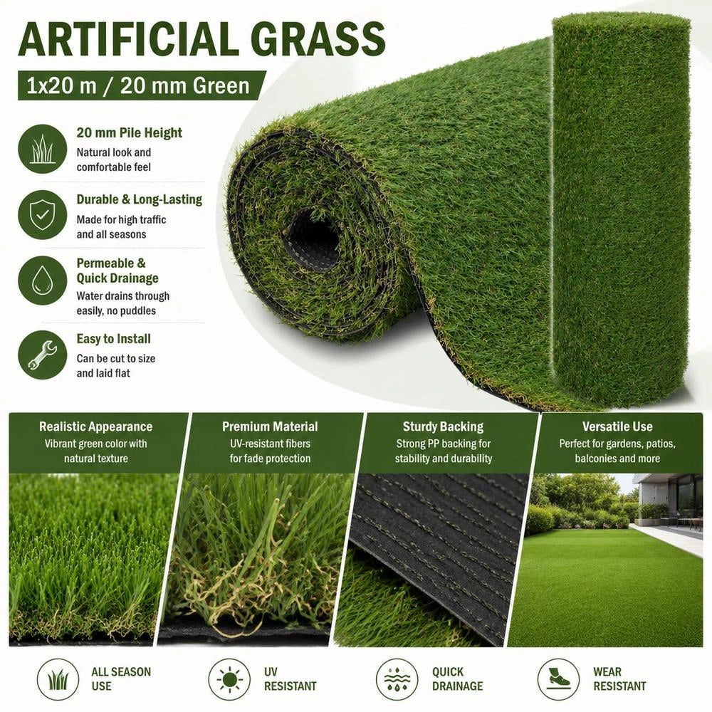 Artificial Turf 1x20 M/20 Mm Green