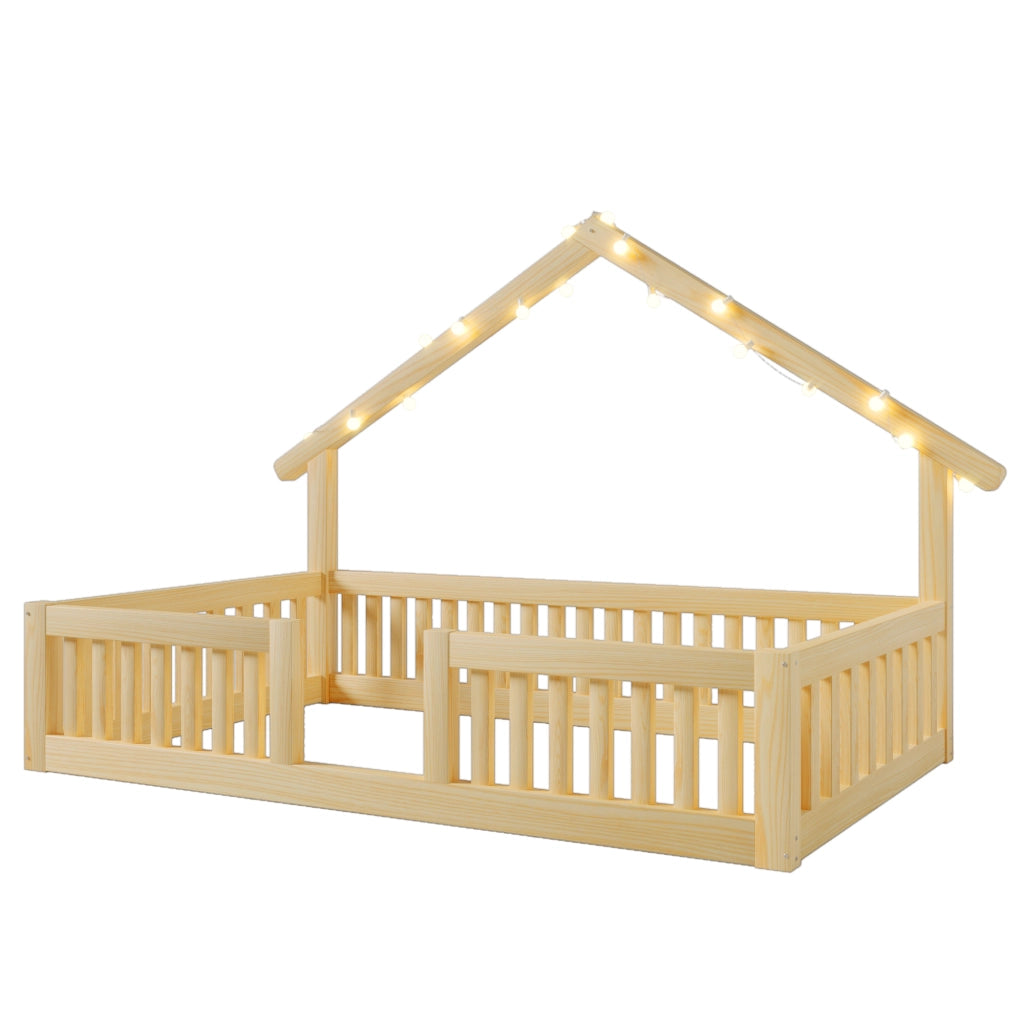 LETTO Casetta 90x200 cm in legno Naturale con luci LED
