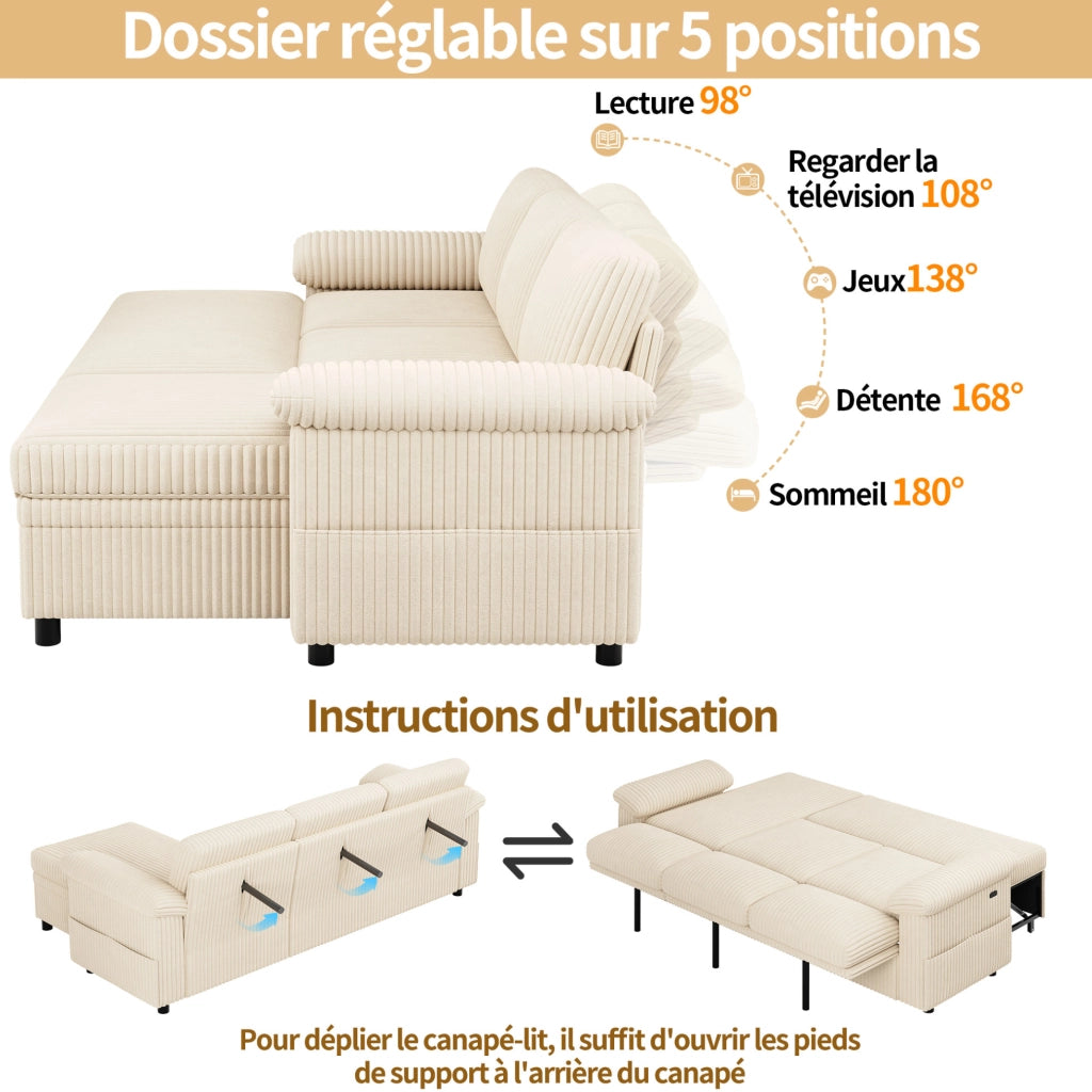 Divano angolare modulare 3 posti con letto estraibile; beige; USB e Type-C